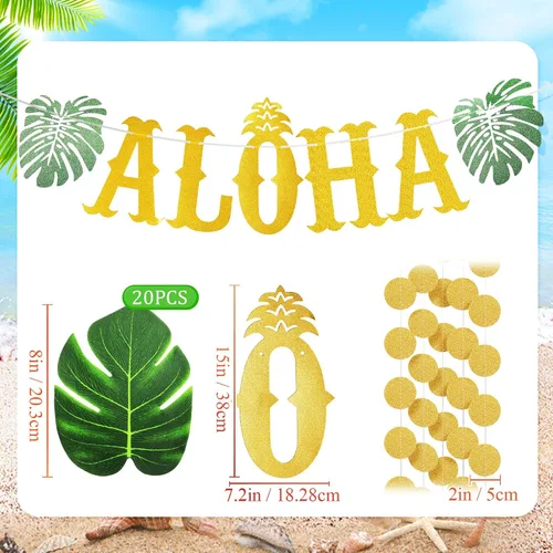 Vista 3 de 22 piezas de falda de mesa de hierba hawaiana Aloha decoración de fiesta que incluye pancarta de Aloha brillante hojas verdes tropicales y falda