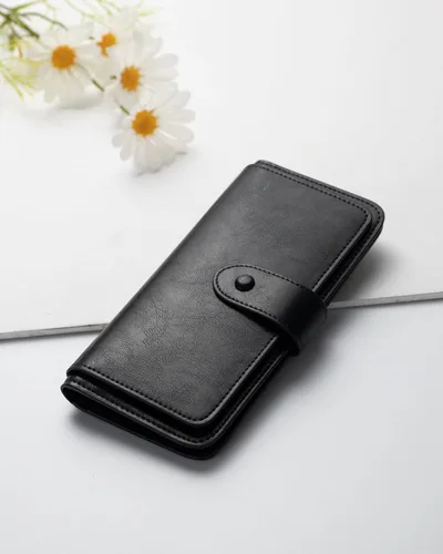 Vista 5 de Cartera de cuero con bloqueo RFID para mujeres, diseño delgado de triple pliegue con 14 ranuras para tarjetas y bolsillo con cremallera, Negro