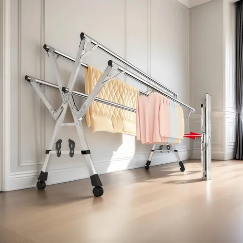 Vista 2 de Estante de secado de ropa ajustable de 5 bares, soporte plegable de acero inoxidable con ruedas bloqueables, extensible de 59 a 94.5 pulgadas