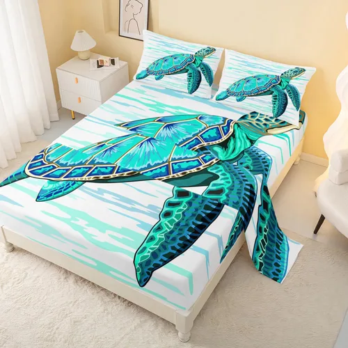 Vista 10 de CVHOUSE Juego de sábanas bajeras de tortuga marina, tamaño individual, juego de ropa de cama de tortuga para niños y niñas, 1 sábana encimera y 1 A4
