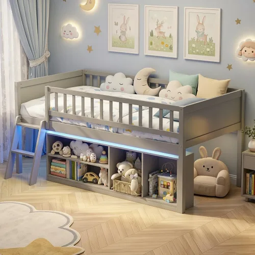 Vista 10 de KOMFOTT Cama baja de tamaño individual con luces LED, marco de cama loft de madera para niños con escalera, barandilla de seguridad de longitud Gris
