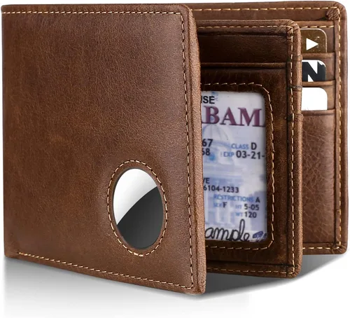 Vista 28 de Swallowmall AirTag Billetera para hombre con bloqueo RFID, de piel auténtica, plegable, para AirTag con 1 ventana de identificación, 13 tarjeteros