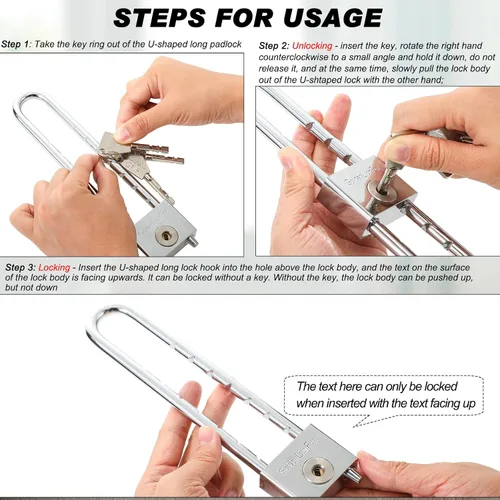 Vista 4 de Candado de grillete largo con llave de latón macizo de 2 pulgadas de longitud ajustable extraíble, grillete plateado para puertas, armarios, cajas
