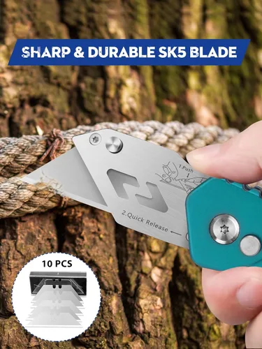 Vista 3 de BIBURY Cuchillo utilitario, cortador de caja plegable resistente, cuchillo cortador de alfombra de bolsillo con 10 cuchillas adicionales de acero