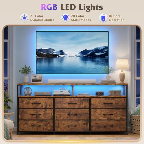 Vista 3 de Cómoda para dormitorio con 9 cajones, soporte de TV LED con tomas de Marrón