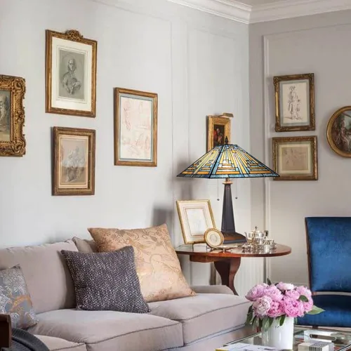 Vista 6 de Tiffany - Lámparas de mesa de 16 pulgadas de ancho hechas a mano con vitrales para lectura, 2 luces, estilo misión azul, luz de mesa antigua