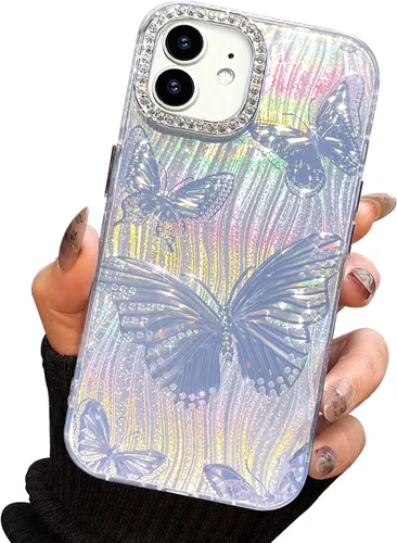 Vista 93 de I-MGAE-IN-AR Funda compacta para iPhone 11, diseño de mariposa, marco de protección de lente de cámara con diamante 3D, bonitas fundas protectoras