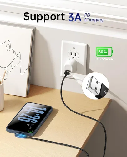 Vista 2 de Cable USB a USB C de 90 grados de 60 W, carga rápida de 3 pies, paquete de 2 cables USB A a USB C, cable USB tipo C de ángulo recto para iPhone