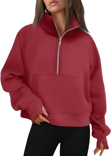 Vista 19 de AUTOMET Sudaderas con media cremallera para mujer, sudadera corta de vellón con cremallera de un cuarto, sudaderas con capucha para el otoño, a