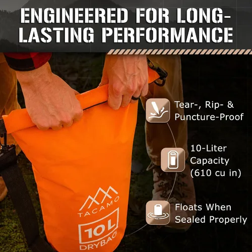 Vista 3 de TACAMO® Mochila impermeable de 10 L para equipo de campamento, bolsa impermeable para canoa o mochilero, parte superior enrollable, pequeña