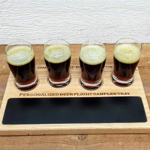 Vista 6 de Bandeja de muestreo personalizada de paleta de vuelo de cerveza con pizarra de tiza para escribir en superficie de borrado en seco. Puede contener