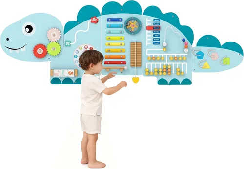 Vista 10 de Olakids Pared Sensorial de Búho, Panel de Tablero Ocupado Montessori de Madera 11 en 1 con Pizarra Blanca Magnética Espejo 26 Accesorios, Centro
