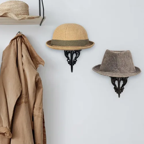 Vista 2 de MyGift 2 soportes para sombreros, soporte para sombreros de vaquero, montado en la pared, organizador de gorra de béisbol, colgador de casco de Negro
