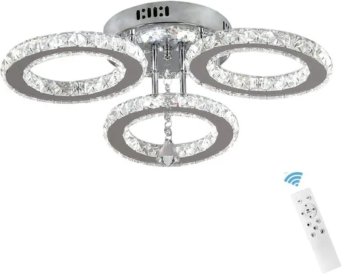Vista 11 de Deckrico Moderno candelabro de cristal de montaje empotrado, lámpara de techo colgante de acero inoxidable de 3 anillos redondos para sala de estar