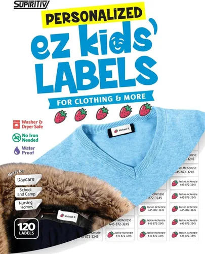 Vista 5 de 120 etiquetas de nombre impermeables personalizadas, icono de bola, autoadhesivas, para ropa, escuela, campamento, enfermería, juguetes, multiusos