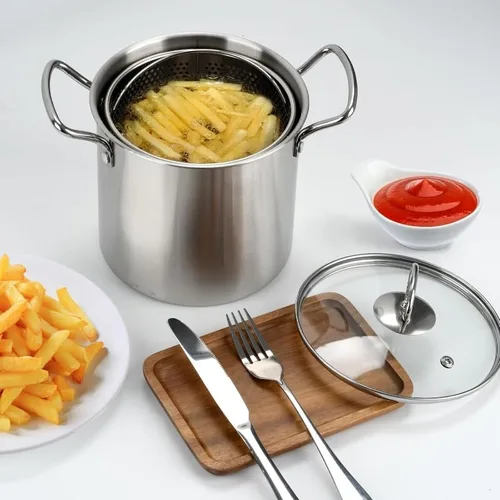 Vista 2 de Olla de freidora profunda de 3.5L con escurridor de aceite, olla de acero inoxidable con tapa y cesta, olla redonda para cocina, restaurante