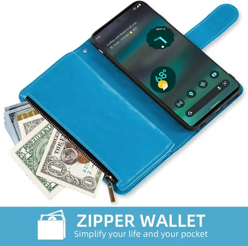 Vista 4 de Asuwish Funda de teléfono para Google Pixel 6A 5G 2022 con protector de pantalla de vidrio templado y soporte de tarjeta de crédito con tapa de Azul