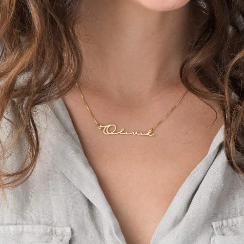 Vista 4 de MyNameNecklace - Collar con nombre de estilo escrito a mano, metal precioso, plata 925 y oro con placa de identificación personalizada, regalo