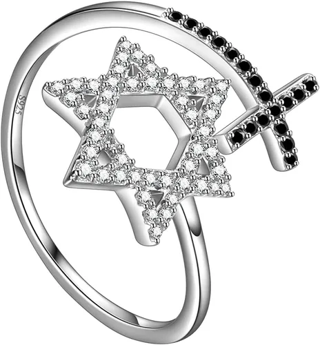 Vista 8 de Jewmon Anillo ajustable de estrella de David judía para mujer, plata de ley 925, circonita cúbica, estrella de David, anillo judío abierto, amuleto