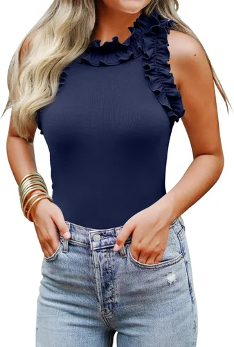 Vista 12 de WAYMAKER - Camiseta sin mangas para mujer, body de estilo sexy con espalda cruzada, cuello de tortuga simulado y ribeteado