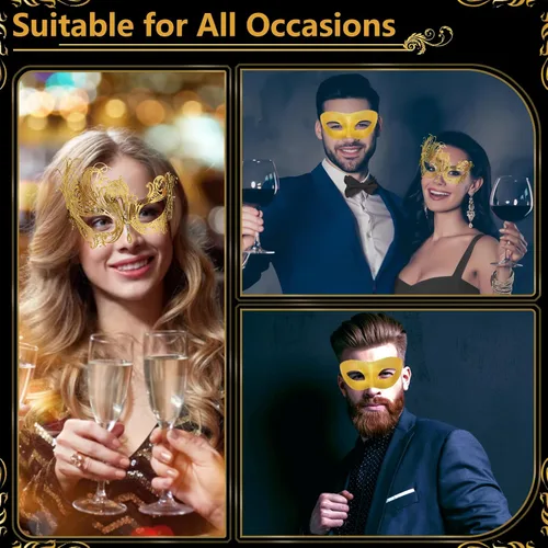 Vista 5 de Máscara de máscaras para parejas, elegante juego de máscaras venecianas de metal y cuero, máscaras de Halloween para mujeres y hombres