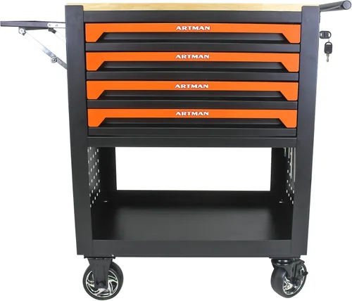Vista 10 de Caja de herramientas con ruedas de 4 cajones, carrito de almacenamiento de herramientas con parte superior de madera, caja de herramientas