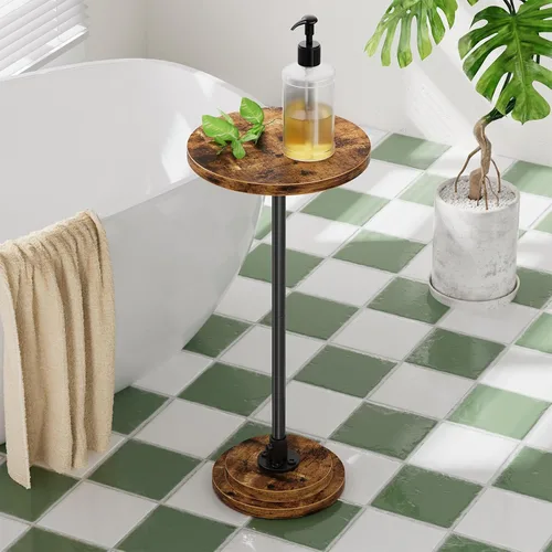 Vista 6 de Simple Trending Mesa auxiliar pequeña, mesa redonda para bebidas, mesa auxiliar de sofá para sala de estar, mesas de café para dormitorio, marrón