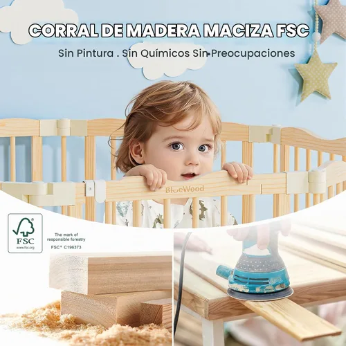 Vista 6 de Corralito de madera plegable, natural, 55 x 55 x 24 pulgadas