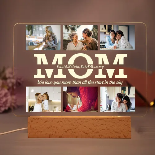Vista 20 de Placa de acrílico con foto personalizada, regalos para aniversario, San Valentín, cumpleaños, luz nocturna LED personalizable, base de madera