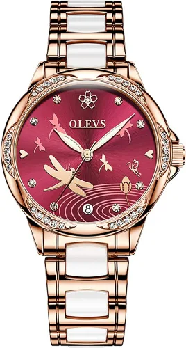 Vista 9 de OLEVS Relojes automáticos de esfera roja para mujer cuerda automática pulseras de dos tonos de oro rosa reloj de mujer relojes de moda reloj