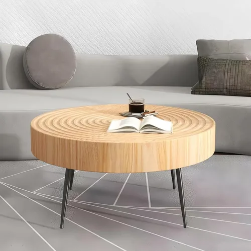 Vista 9 de Mesa de centro para sala de estar, sofá, mesa de esquina para el hogar, mesa redonda pequeña, anillos de árbol, mesa de centro de madera maciza