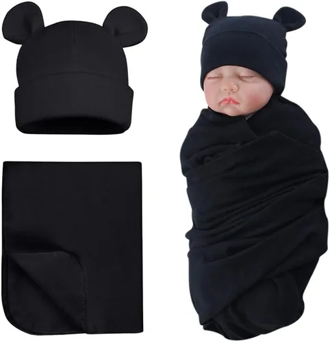 Vista 6 de PESAAT Conjunto de gorro de algodón para bebé, sombreros para recién nacidos, mantas de recepción para bebés niños y niñas Verde militar