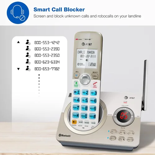 Vista 2 de AT&T DL72219 DECT 6.0 - Teléfono inalámbrico de 2 auriculares para el hogar con conexión a celular, bloqueo de llamadas, pantalla retroiluminada