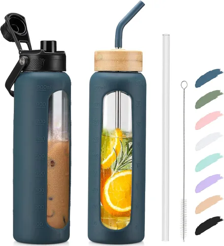 Vista 46 de Botella de agua Kodrine con pajita, botella de vidrio de 24 oz con 2 tapas, una de pajita de bambú y otra con pico y asa, botella de vidrio