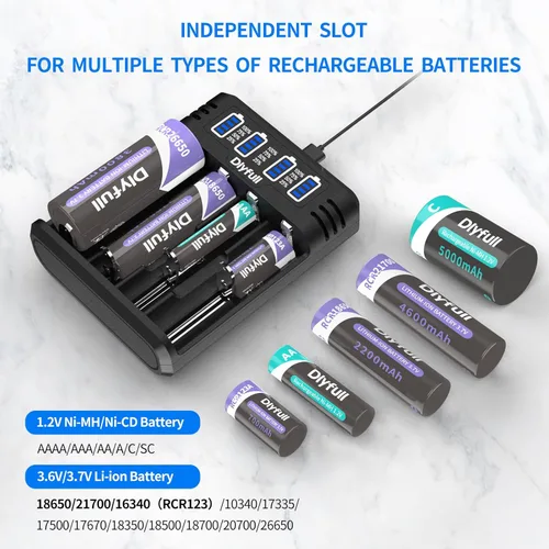 Vista 2 de Dlyfull Cargador de batería 18650, cargador universal rápido para baterías recargables de 3.7V Li-ion IMR INR ICR 21700 10340 17335 17670 18500