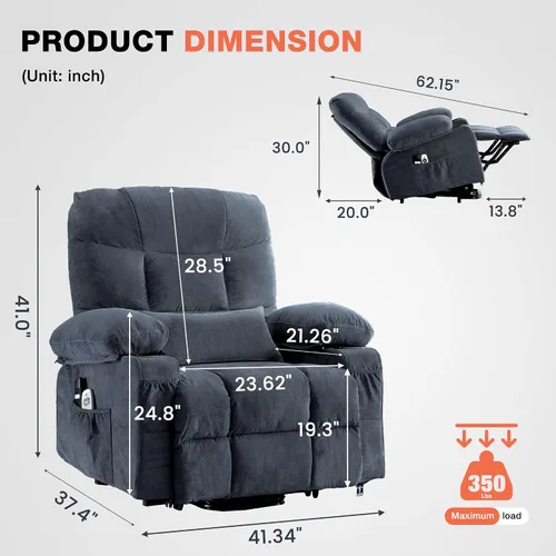 Vista 2 de MAHOMICO Silla reclinable eléctrica para personas mayores con masaje por vibración y calefacción lumbar, sofá reclinable eléctrico con bolsillo