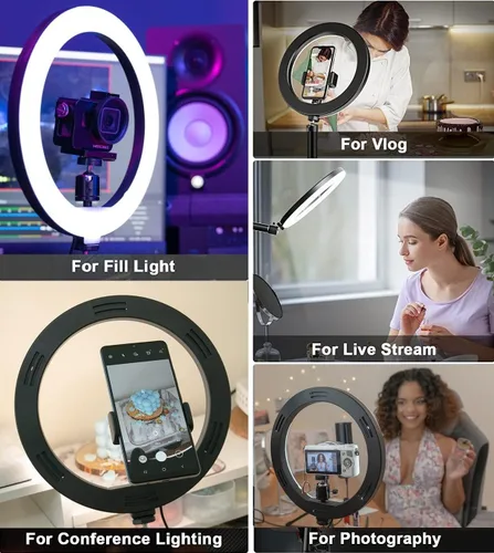 Vista 3 de Anillo de luz para cámara web, montaje en pared, luz de transmisión de 10 pulgadas con soporte de pared plegable compatible con cámaras web Logitech