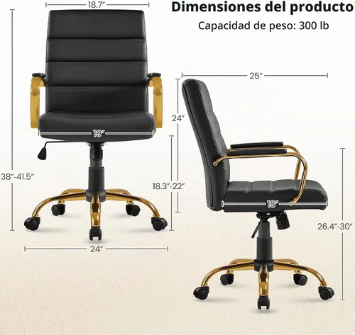 Vista 3 de Yaheetech Silla de Oficina de Respaldo Medio de Cuero PU Silla de Escritorio Ejecutiva Ajustable con Soporte Lumbar Patas Doradas Asiento Negro