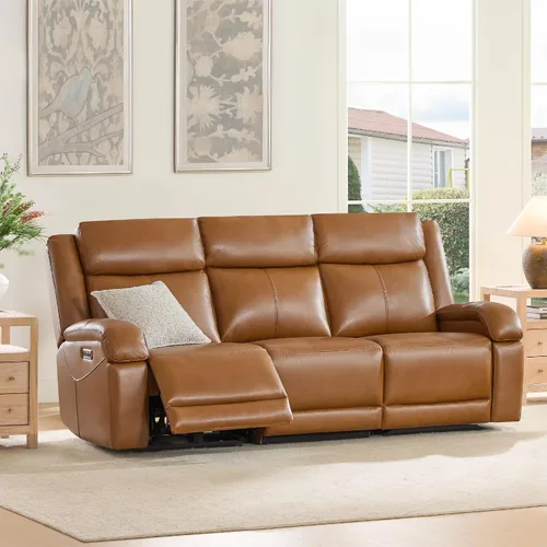 Vista 32 de Watson & Whitely Sofá reclinable eléctrico de piel auténtica, sofás reclinables de pared de 3 plazas con consola de almacenamiento, reposacabezas