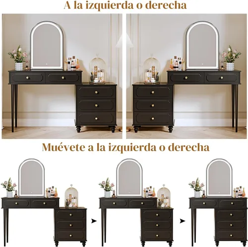 Vista 4 de Ieejdn Negro, Escritorio de tocador con espejo y luces, Tocador de maquillaje con toma de corriente y gabinete ajustable, Mesa de maquillaje moderna