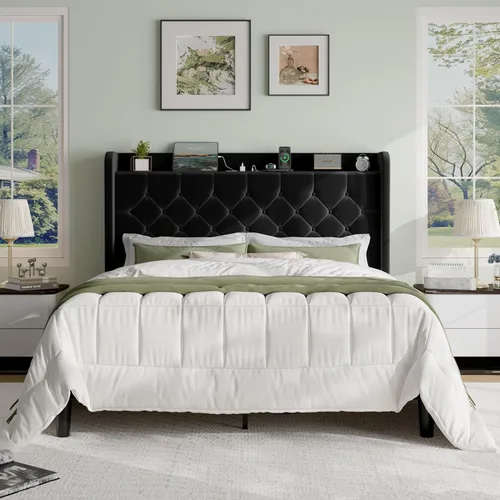 Vista 12 de SHA CERLIN Base de cama de plataforma de tamaño matrimonial con estación de carga, cabecera de lino con estante de almacenamiento, soporte