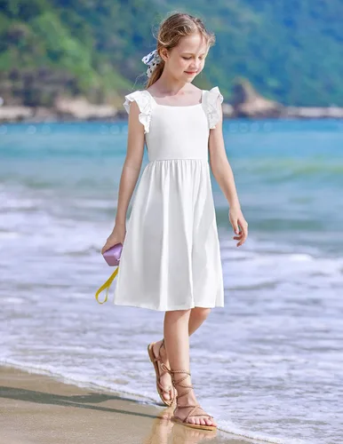 Vista 2 de Arshiner Vestidos de verano para niñas, cuello cuadrado, manga con volantes, lazo en la espalda, acampanado, casual, vestido midi con bolsillos