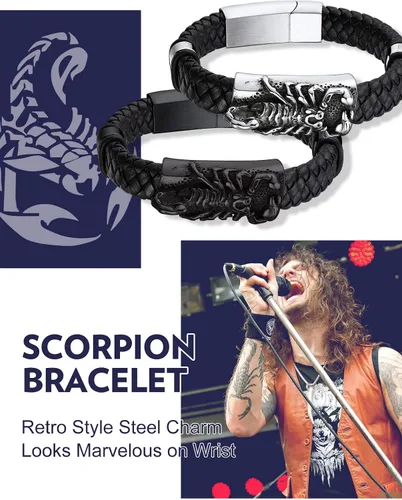Vista 5 de Bandmax Pulsera trenzada de cuero negro para hombre con colgante gótico punk, pulsera de cuero con hebilla de acero inoxidable, paquete de regalo