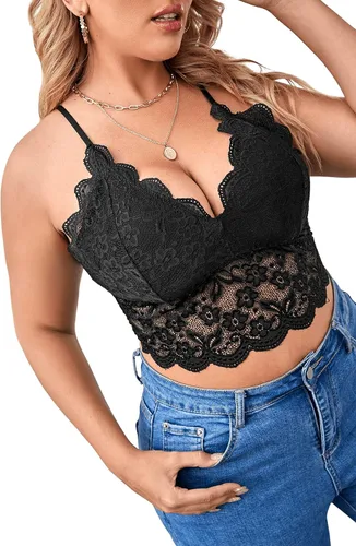 Vista 3 de SOLY HUX Brasier sin aros de encaje floral sexy con ribete festoneado y tirantes ajustables, cuello en V, bralette diario para mujer