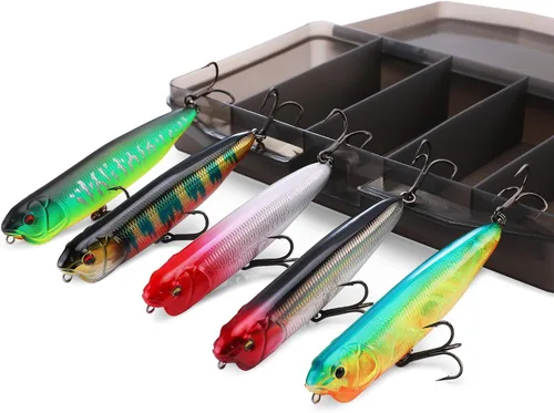Vista 8 de FLISSA Juego de 5 señuelos de pesca de agua superior, señuelos de pesca de lubina para agua dulce y salada, señuelo duro realista, señuelo de pesca