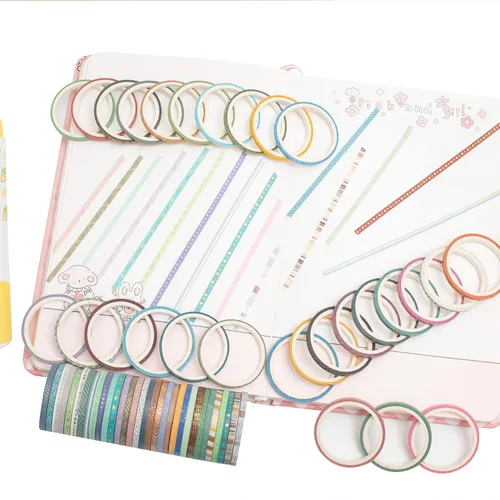 Vista 7 de YUBBAEX Juego de 60 Rollos de Cinta Washi Delgada con Lámina Dorada, Cintas Decorativas de Enmascarar con Patrones Básicos Delgados para Artes