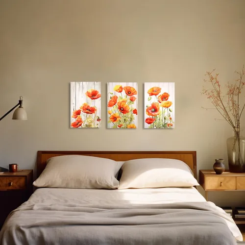Vista 3 de QIXIANG Arte de pared de 3 paneles de flores de amapola roja sobre lienzo impresiones para baño, dormitorio, sala de estar, decoración estirada