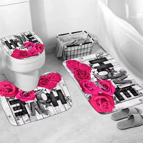 Vista 4 de Yddsky Juego de 4 cortinas de ducha rosa rosa con alfombras Flor rosa
