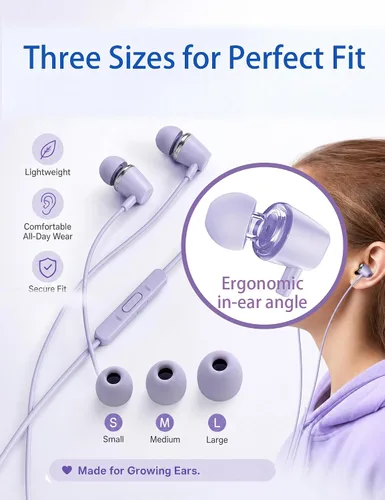 Vista 3 de 2 paquetes de auriculares para niños (azulvioleta) GOGOSINIS 2-Pack Teens Wired Student Earbuds with Carabiner Clips to Attach on School
