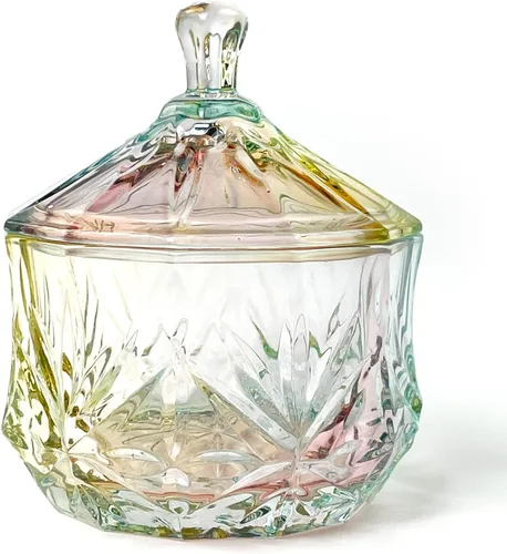 Vista 8 de Tarro de almacenamiento de caramelos de vidrio de cristal colorido con relieve, lujoso recipiente para buffet de galletas con tapas, caja